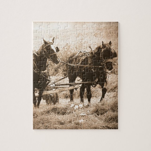 Working Amish Horses Sepia Puzzle (Vertikal)
