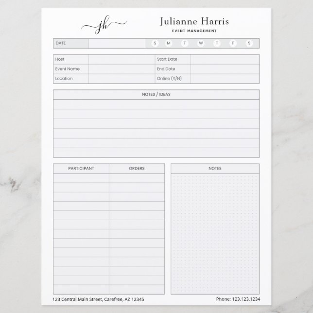 Worksheet Business Event Planning (Vorderseite)