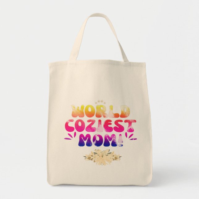 World Coziest Mama - Farbenfrohe Floral Retro Typo Tragetasche (Vorne)