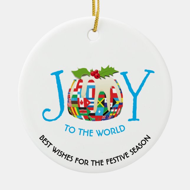 World Fahnen freuen sich auf das festliche Pudding Keramik Ornament (Vorne)