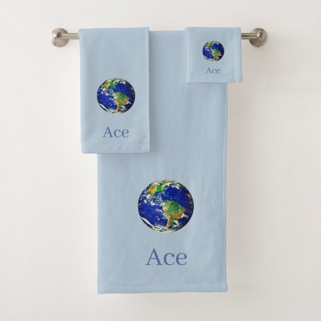 World Globe & Text auf Wondrous Blue Badhandtuch Set (Insitu)
