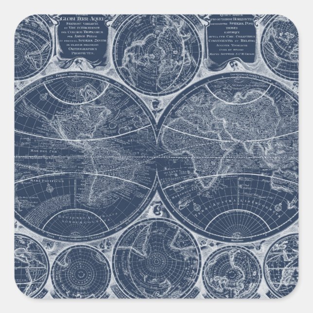World Globes Blueprint Quadratischer Aufkleber (Vorderseite)