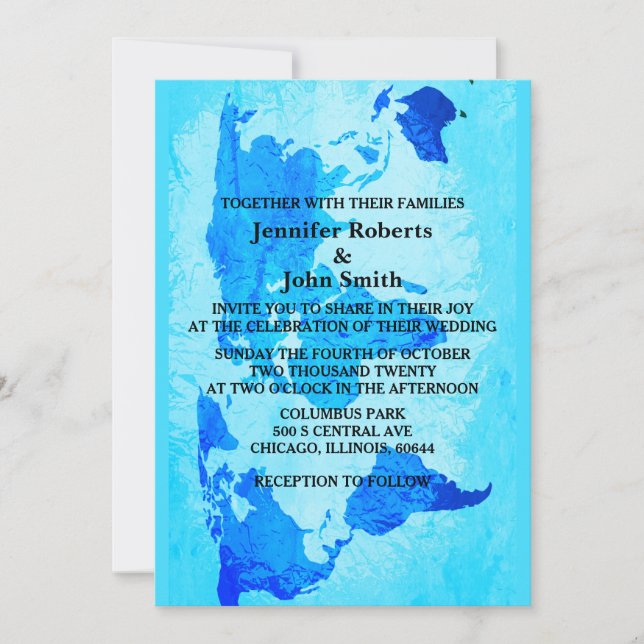 World Map Blue Abstrakte farbenfrohe Hochzeit Einladung (Vorderseite)