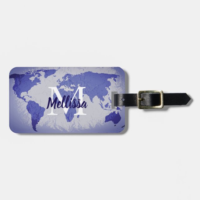 World Map Blue Artsy Monogram Name Gift Favor Gepäckanhänger (Vorderseite horizontal)