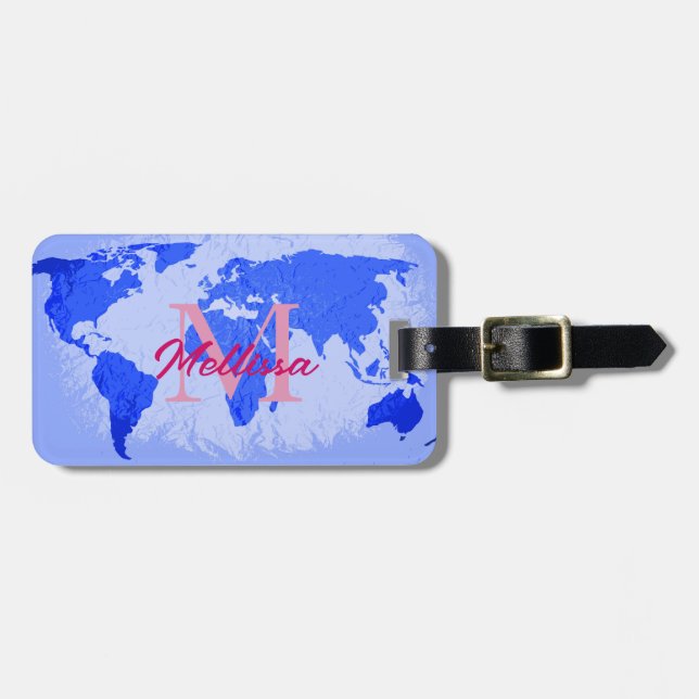 World Map Blue Pink Monogram Traveller Name Gift Gepäckanhänger (Vorderseite horizontal)