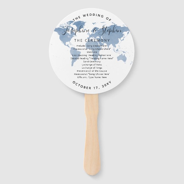 World Map Blue Travel Theme Wedding Program Fan Fächer (Vorderseite)