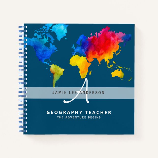 World Map GEOGRAPHY TEACHER Monogram Journal Notizbuch (Vorderseite)