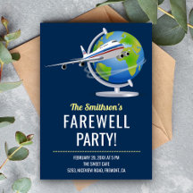 World Map Globe Airplane Farewell Party Einladung