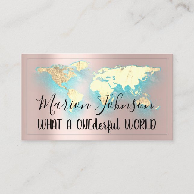World Map Globe Map Reiseagentur Rose Gold Logo Visitenkarte (Vorderseite)
