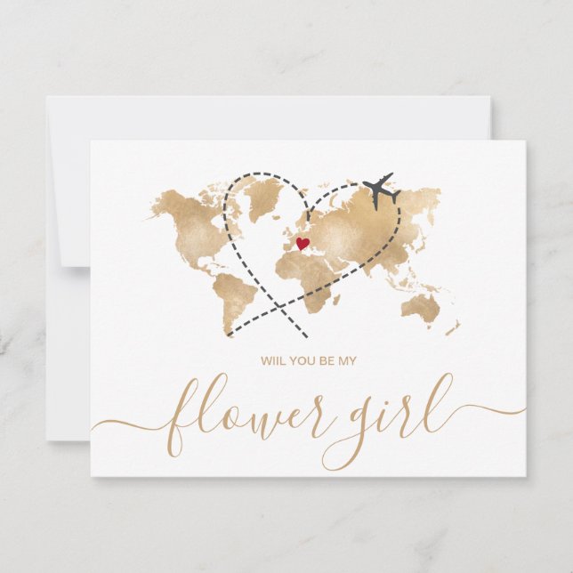 World Map Gold werden Sie mein FLOWER GIRL Invitat Einladung (Vorderseite)