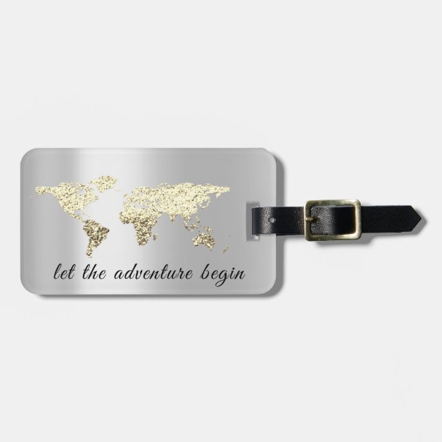 World Map Gray Address Lass Adventure Begin Gold Gepäckanhänger (Vorderseite horizontal)