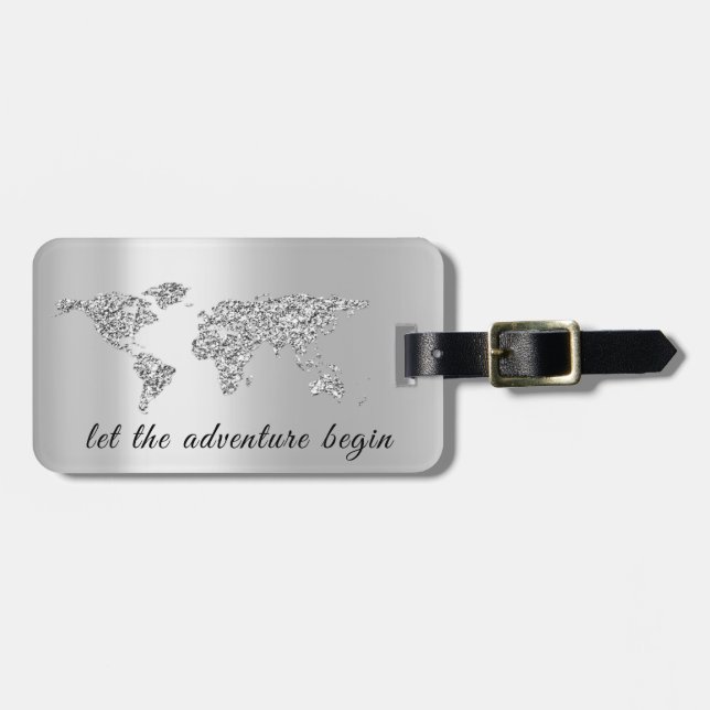 World Map Grey Address Lass The Adventure Begin Gepäckanhänger (Vorderseite horizontal)