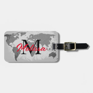 World Map Grey Red Monogram Traveller Individuelle Gepäckanhänger
