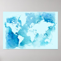 World Map In Watercolor Blues
