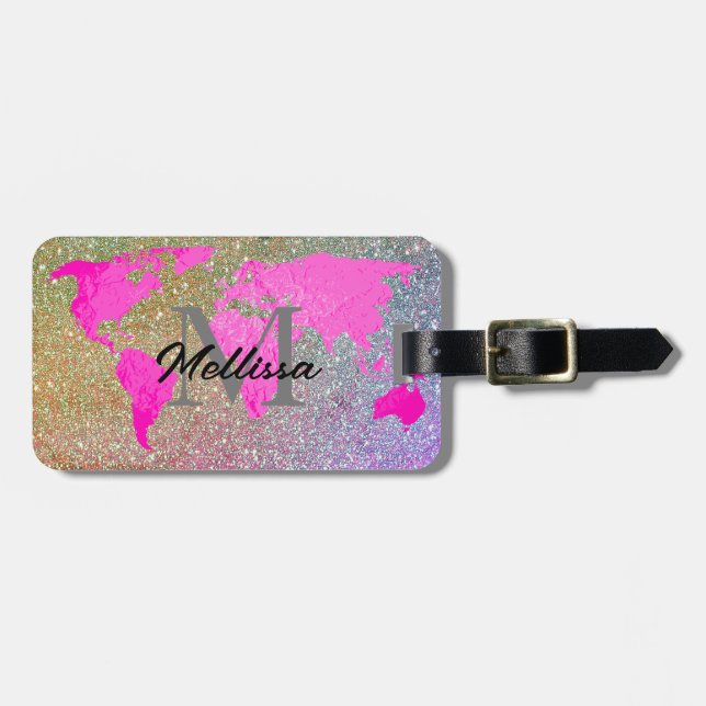 World Map Monogram Traveller Pink Gold Glitzer Coo Gepäckanhänger (Vorderseite horizontal)
