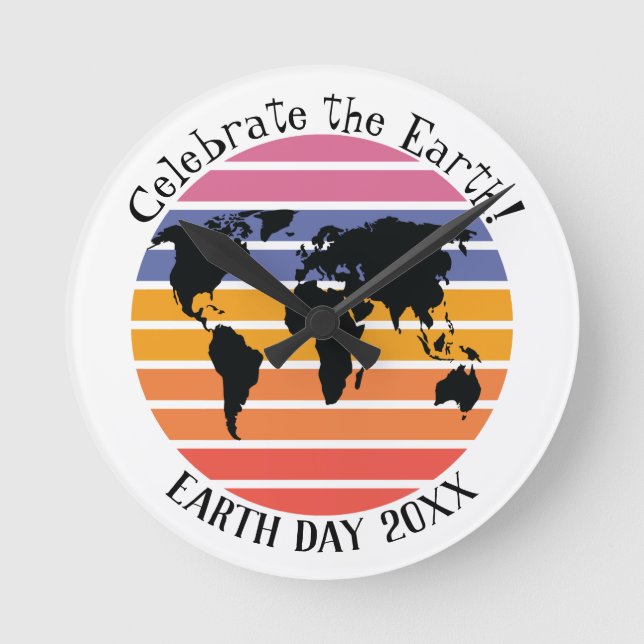 World Map Retro Sunset Silhouette Runde Wanduhr (Vorderseite)