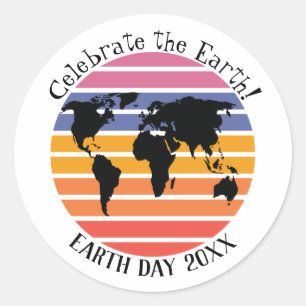 World Map Retro Sunset Silhouette Runder Aufkleber