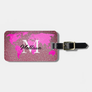 World Map Rose Gold Glitzer Monogram Traveller Pin Gepäckanhänger