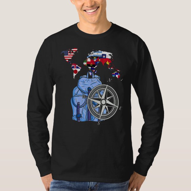 World Map Rucksack Compass Travel World Flags T-Shirt (Vorderseite)