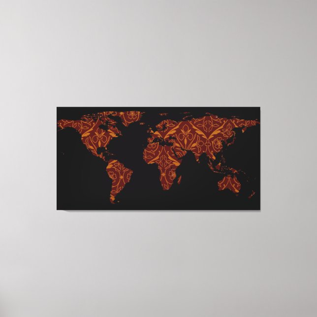 World Map Silhouette - Orange & Red Floral Patten Leinwanddruck (Vorderseite)
