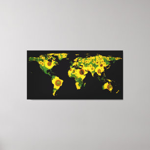 World Map Silhouette - Sonnenblumen Leinwanddruck