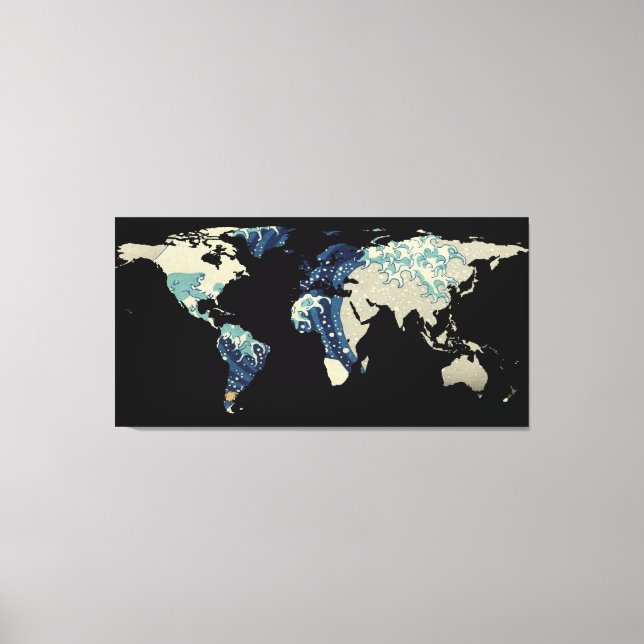 World Map Silhouette - The Great Wave Off Kanagawa Leinwanddruck (Vorderseite)