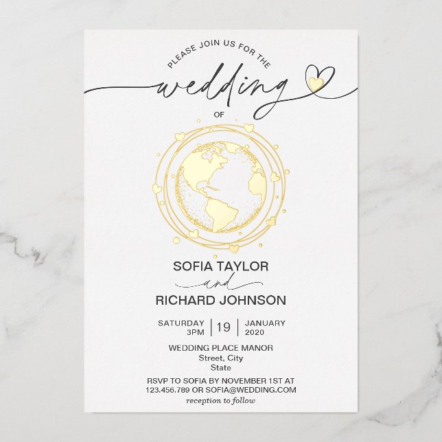 World Map Typografy Gold der Wedding Destination Folieneinladung (Vorderseite)