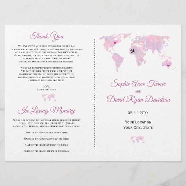 World Map Wedding Program für Zielwasserfarbe (Vorderseite)