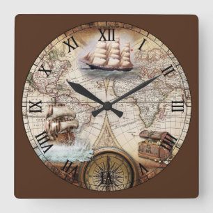 World Map with Ship and Compass Quadratische Wanduhr