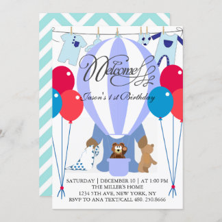 World of Blue Balloons Einladung zum ersten Geburt