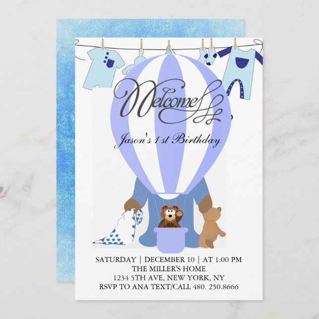 World of Blue Balloons Einladung zum ersten Geburt (Vorne/Hinten)