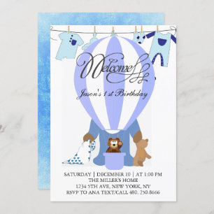 World of Blue Balloons Einladung zum ersten Geburt