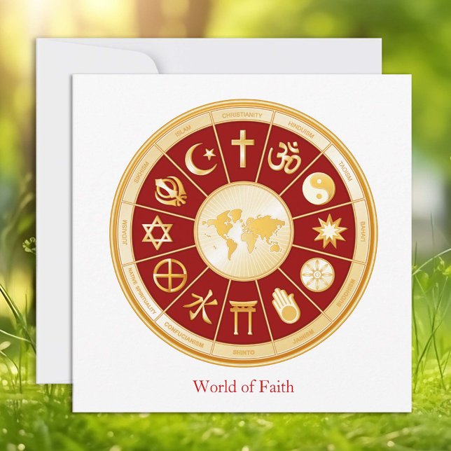 World of Faith Flat Card 5.25" x 5.25" (World of Faith Flat Card.
Gold symbols of international religions surround a world map. )