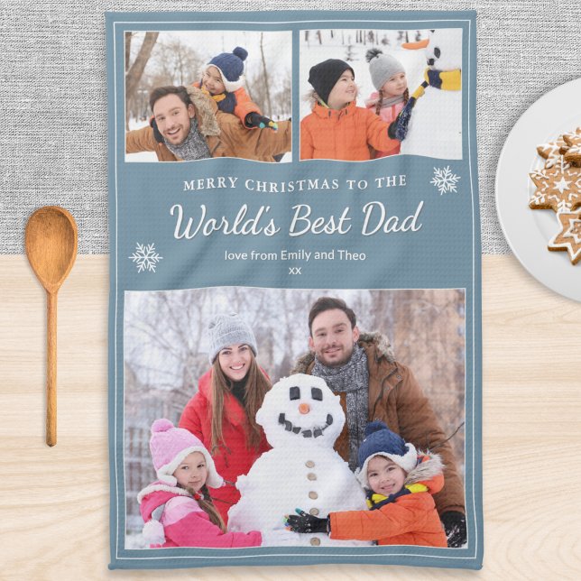 World’s Best Dad 3 Photos Christmas Blue Geschirrtuch (A stylish gray kitchen tea towel for the 'World's Best Dad' at Christmas, with three custom photos)