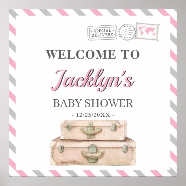 World Travel Airplane Baby Girl Dusche Willkommen Poster (Vorne)
