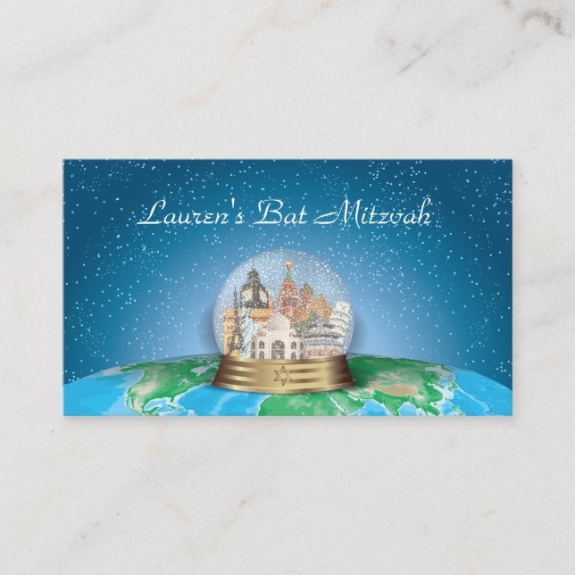World Travel Snow Globe Bar Bat Mitzvah Platzkarte (Vorderseite)