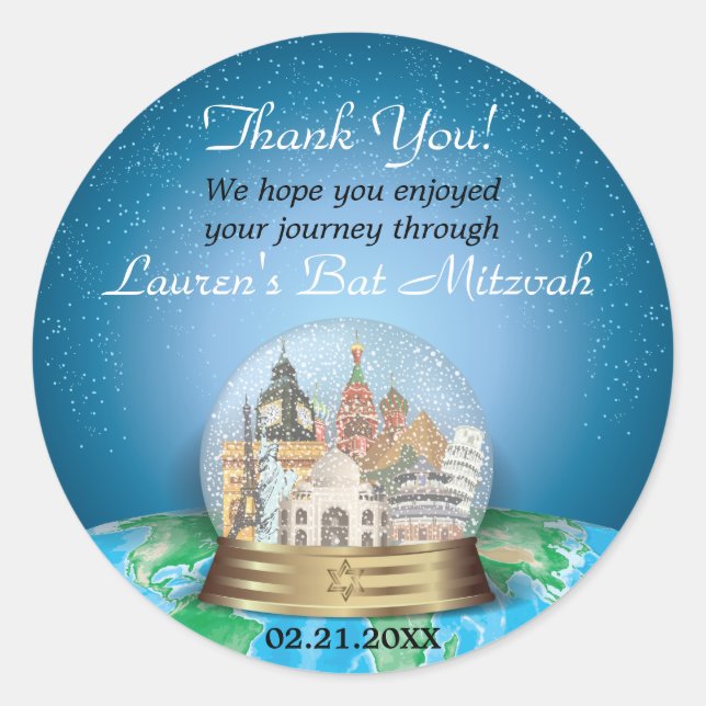 World Travel Snow Globe Bar Bat Mitzvah Runder Aufkleber (Vorderseite)