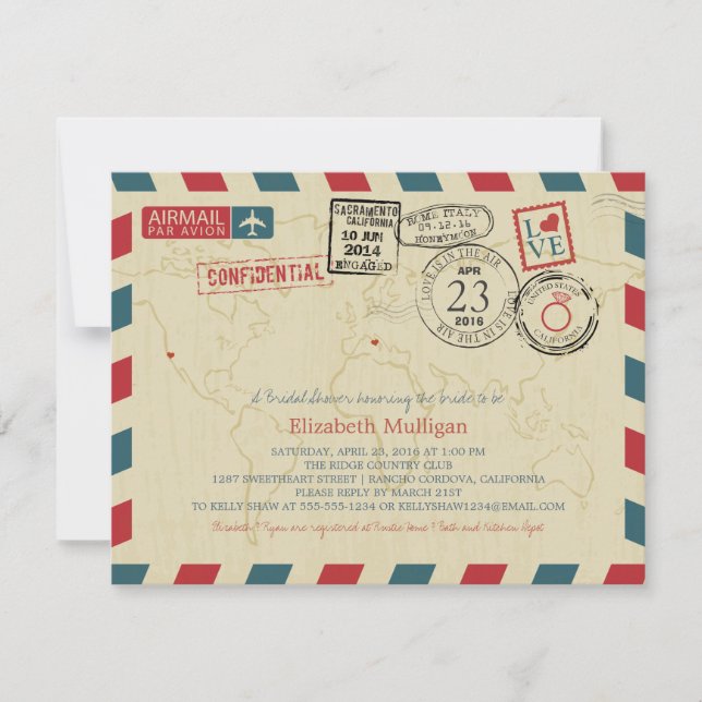 World Traveller Airmail | California Brautparty Einladung (Vorderseite)