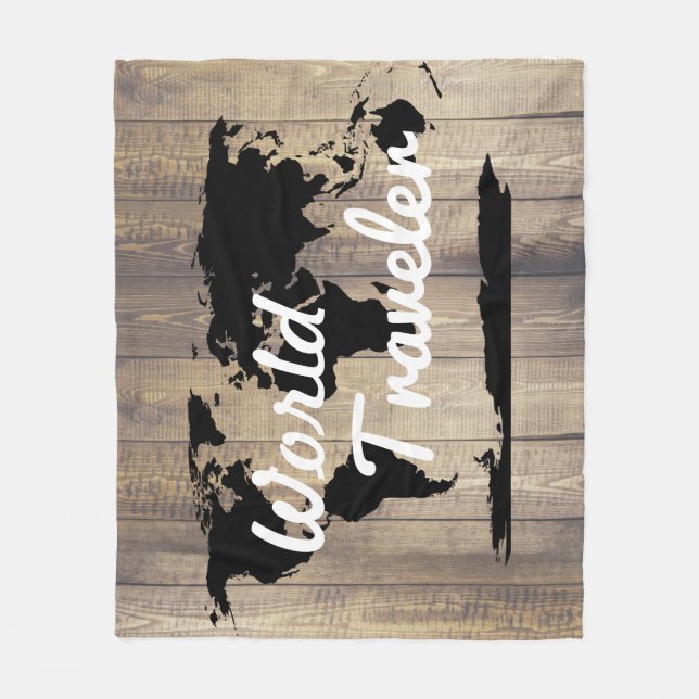 World Traveller Black World Map Light Wood Fleecedecke (Vorderseite)