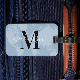 World Traveller Dusty Blue Map Custom Monogram Nam Gepäckanhänger