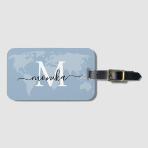 World Traveller Dusty Blue Map Custom Monogram Nam Gepäckanhänger