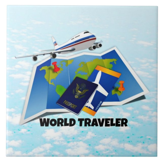 World Traveller - Karte, Reisepass und Fahrkarten, Fliese (Vorderseite)