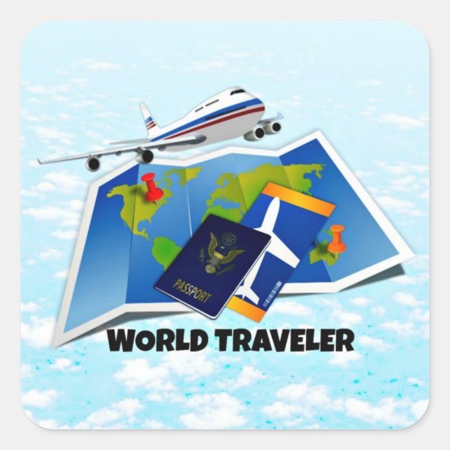 World Traveller - Karte, Reisepass und Fahrkarten Quadratischer Aufkleber (Vorderseite)
