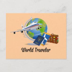 World Traveller. Koffer, Tickets und Reisepass. Postkarte