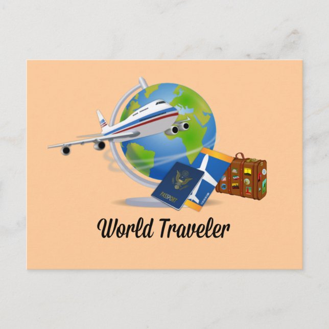 World Traveller. Koffer, Tickets und Reisepass. Postkarte (Vorderseite)