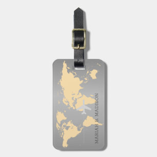 World Traveller map Gold Brush Metal Mit Monogramm Gepäckanhänger