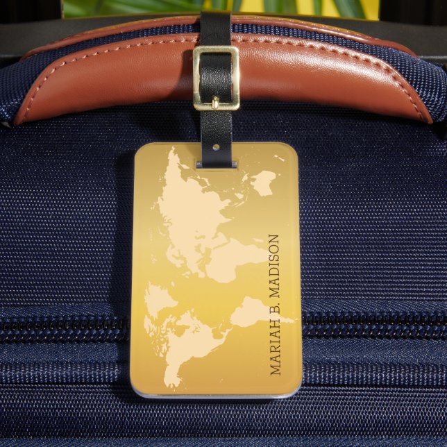 World Traveller map Gold Brush Metal Mit Monogramm Gepäckanhänger (Vorderseite Insitu 2)