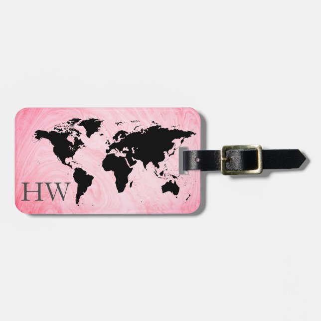 World Traveller Map Marble Glitzer Monogramm Name Gepäckanhänger (Vorderseite horizontal)