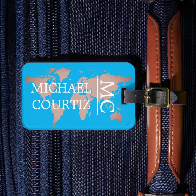 World Traveller Map Metal Mit Monogramm personalis Gepäckanhänger (Vorderseite Insitu 4)