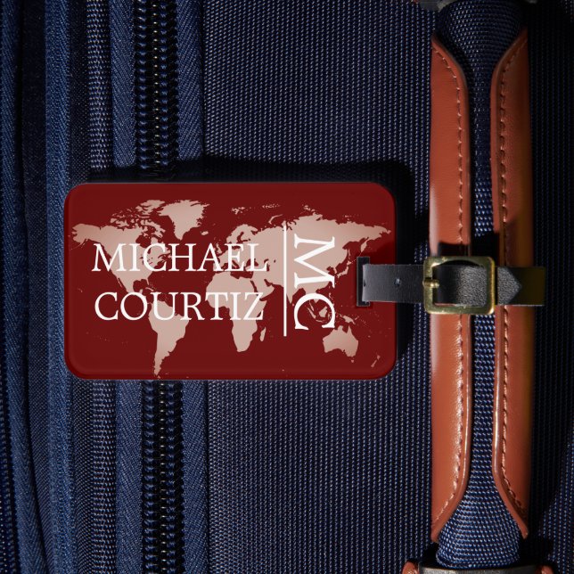 World Traveller Map Metal Mit Monogramm personalis Gepäckanhänger (Vorderseite Insitu 4)